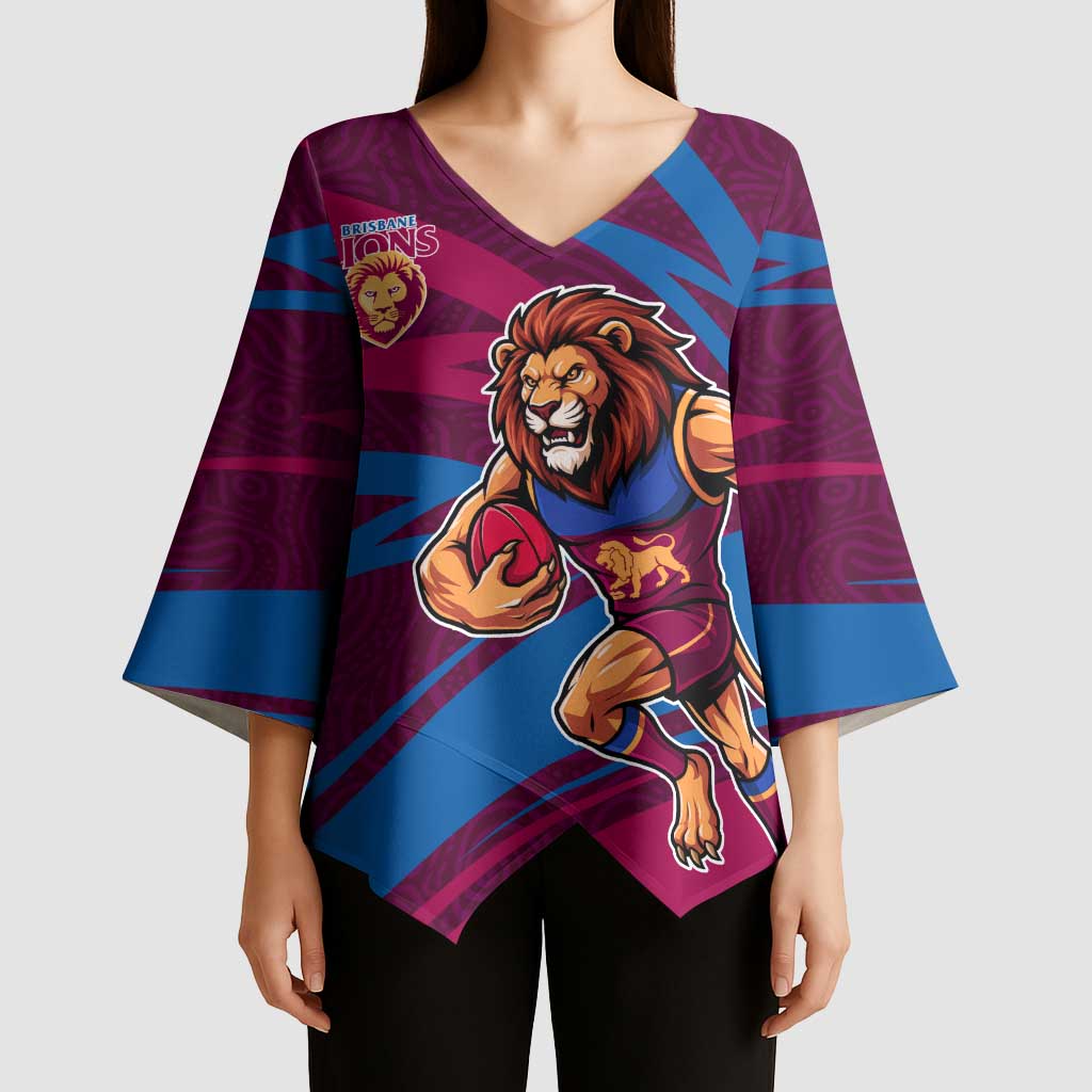 Brisbane Lions Australian Football Kimono Sleeve Blouse Regal Lion Mascot With Indigenous Pattern Art