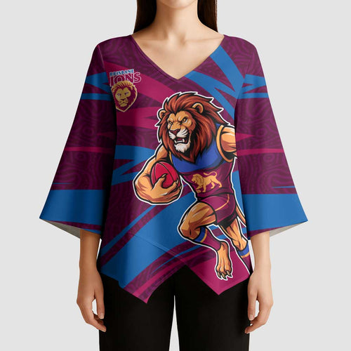 Brisbane Lions Australian Football Kimono Sleeve Blouse Regal Lion Mascot With Indigenous Pattern Art