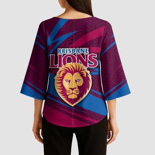 Brisbane Lions Australian Football Kimono Sleeve Blouse Regal Lion Mascot With Indigenous Pattern Art