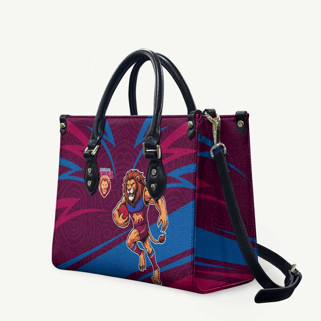 Brisbane Lions Australian Football Leather Bag Regal Lion Mascot With Indigenous Pattern Art
