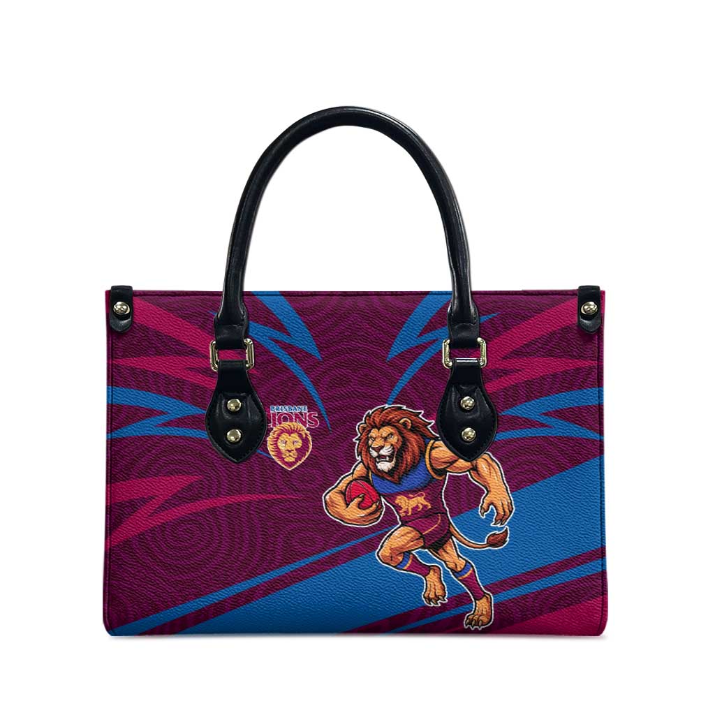 Brisbane Lions Australian Football Leather Bag Regal Lion Mascot With Indigenous Pattern Art