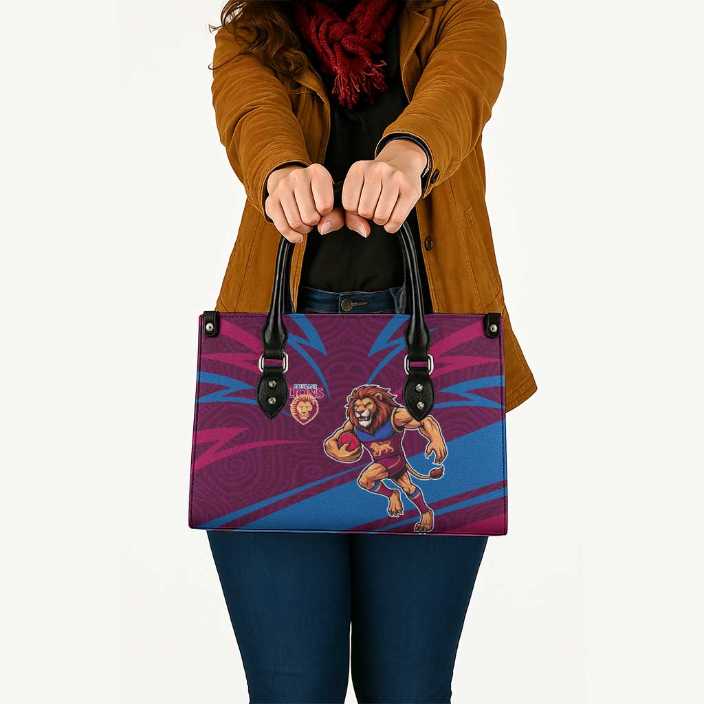 Brisbane Lions Australian Football Leather Bag Regal Lion Mascot With Indigenous Pattern Art