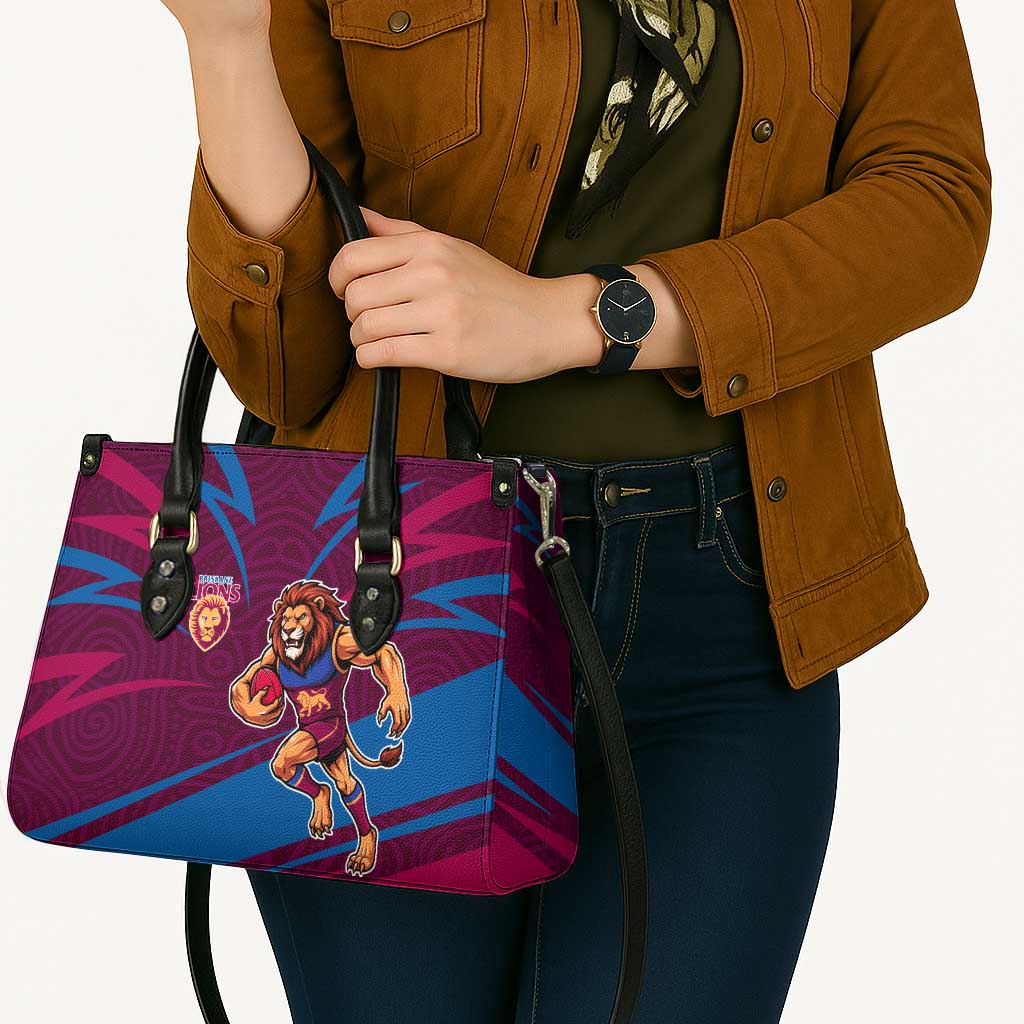 Brisbane Lions Australian Football Leather Bag Regal Lion Mascot With Indigenous Pattern Art