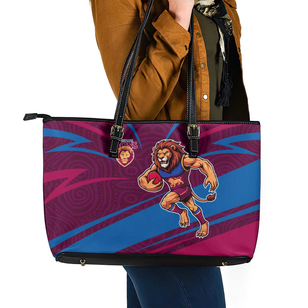 Brisbane Lions Australian Football Leather Tote Bag Regal Lion Mascot With Indigenous Pattern Art