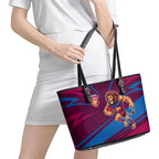 Brisbane Lions Australian Football Leather Tote Bag Regal Lion Mascot With Indigenous Pattern Art