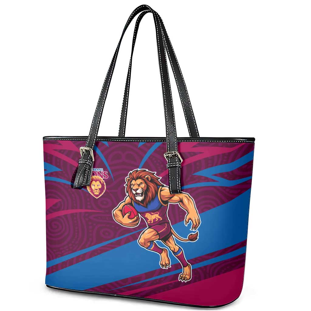 Brisbane Lions Australian Football Leather Tote Bag Regal Lion Mascot With Indigenous Pattern Art