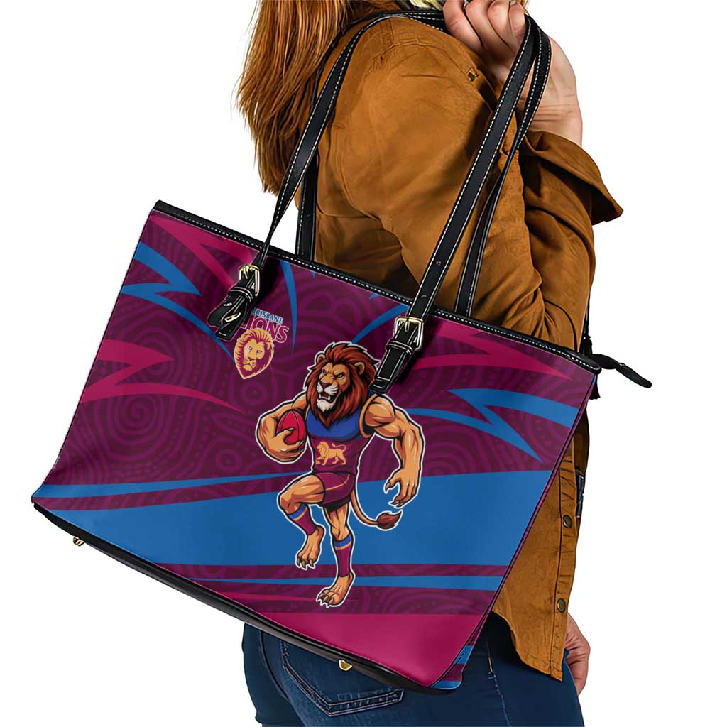 Brisbane Lions Australian Football Leather Tote Bag Regal Lion Mascot With Indigenous Pattern Art