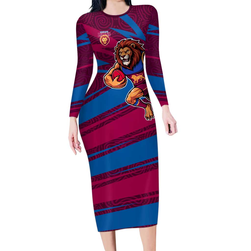 Brisbane Lions Australian Football Long Sleeve Bodycon Dress Regal Lion Mascot With Indigenous Pattern Art