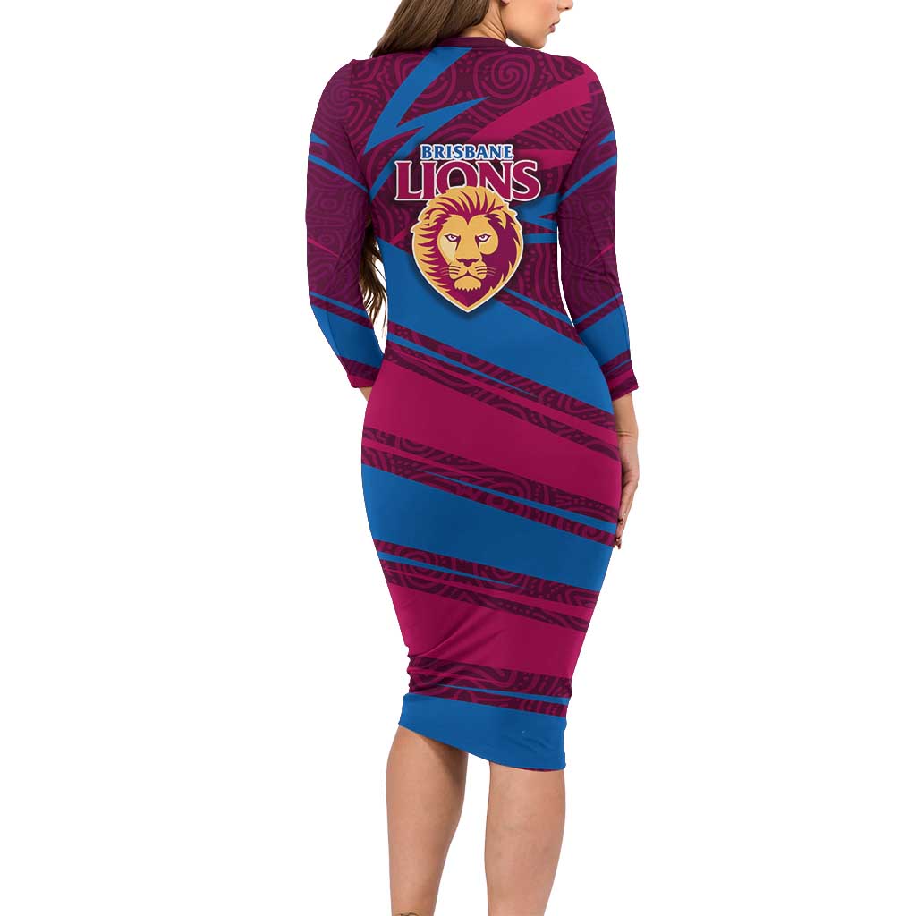 Brisbane Lions Australian Football Long Sleeve Bodycon Dress Regal Lion Mascot With Indigenous Pattern Art