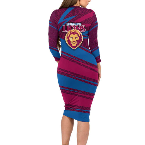 Brisbane Lions Australian Football Long Sleeve Bodycon Dress Regal Lion Mascot With Indigenous Pattern Art