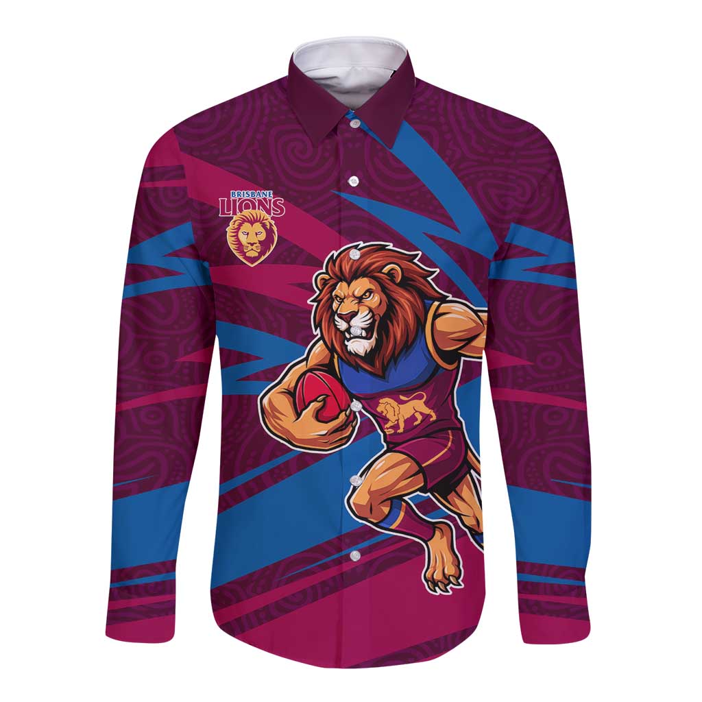 Brisbane Lions Australian Football Long Sleeve Button Shirt Regal Lion Mascot With Indigenous Pattern Art