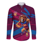 Brisbane Lions Australian Football Long Sleeve Button Shirt Regal Lion Mascot With Indigenous Pattern Art
