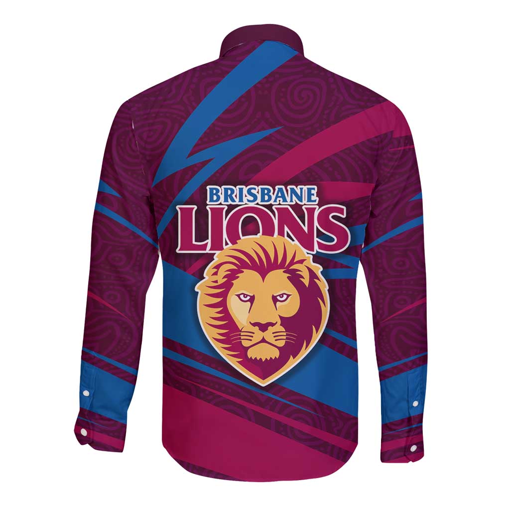 Brisbane Lions Australian Football Long Sleeve Button Shirt Regal Lion Mascot With Indigenous Pattern Art
