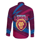 Brisbane Lions Australian Football Long Sleeve Button Shirt Regal Lion Mascot With Indigenous Pattern Art