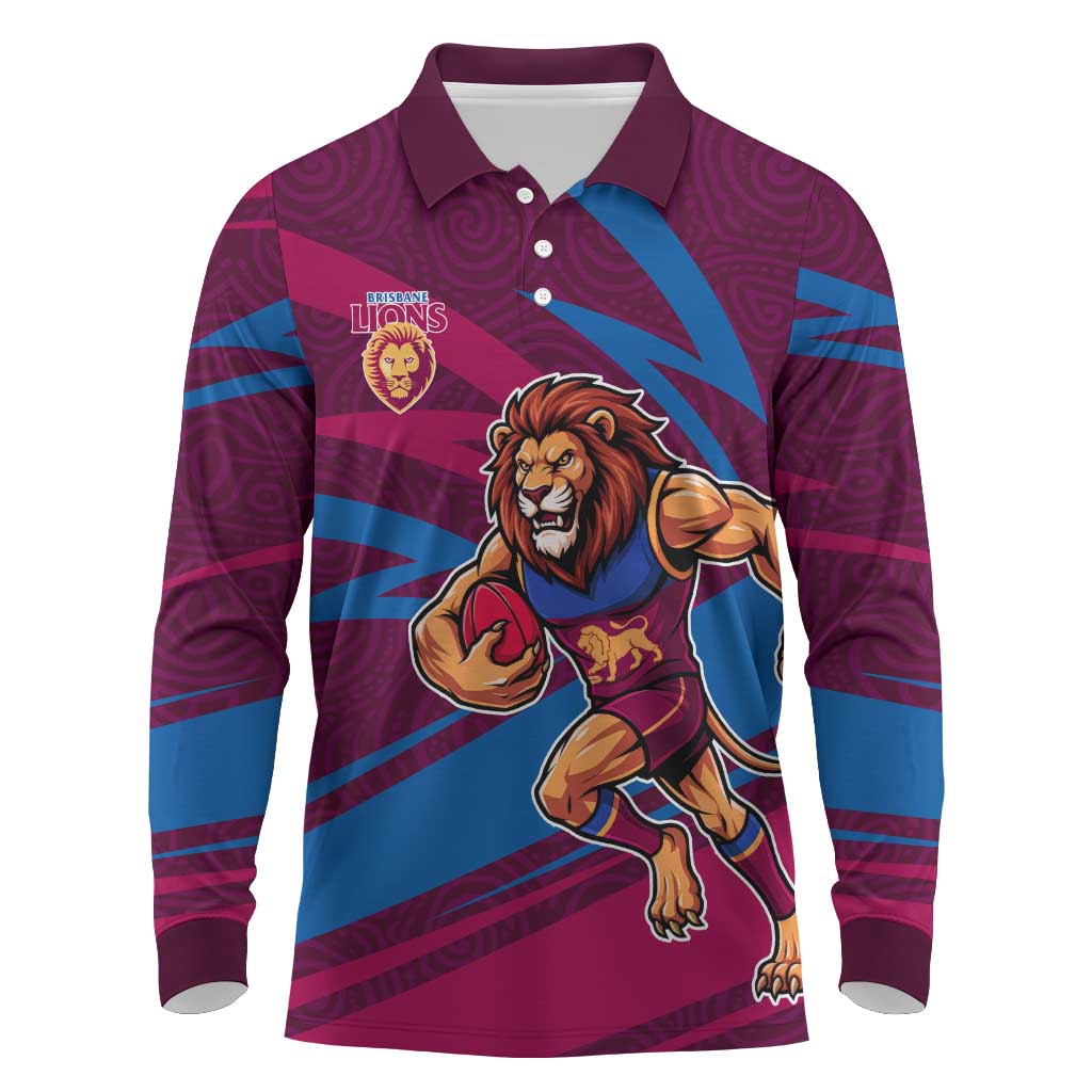 Brisbane Lions Australian Football Long Sleeve Polo Shirt Regal Lion Mascot With Indigenous Pattern Art