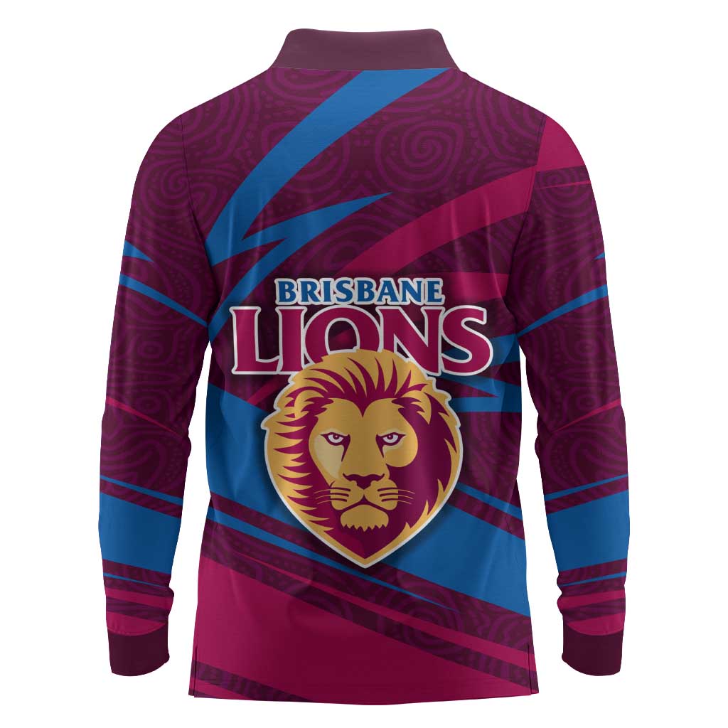 Brisbane Lions Australian Football Long Sleeve Polo Shirt Regal Lion Mascot With Indigenous Pattern Art