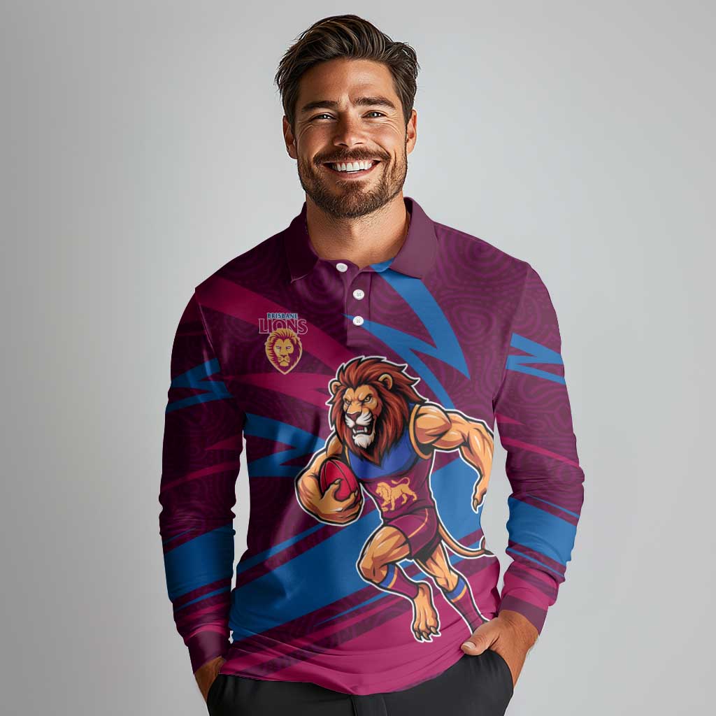Brisbane Lions Australian Football Long Sleeve Polo Shirt Regal Lion Mascot With Indigenous Pattern Art