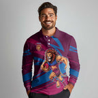Brisbane Lions Australian Football Long Sleeve Polo Shirt Regal Lion Mascot With Indigenous Pattern Art
