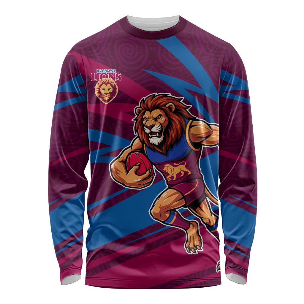 Brisbane Lions Australian Football Long Sleeve Shirt Regal Lion Mascot With Indigenous Pattern Art