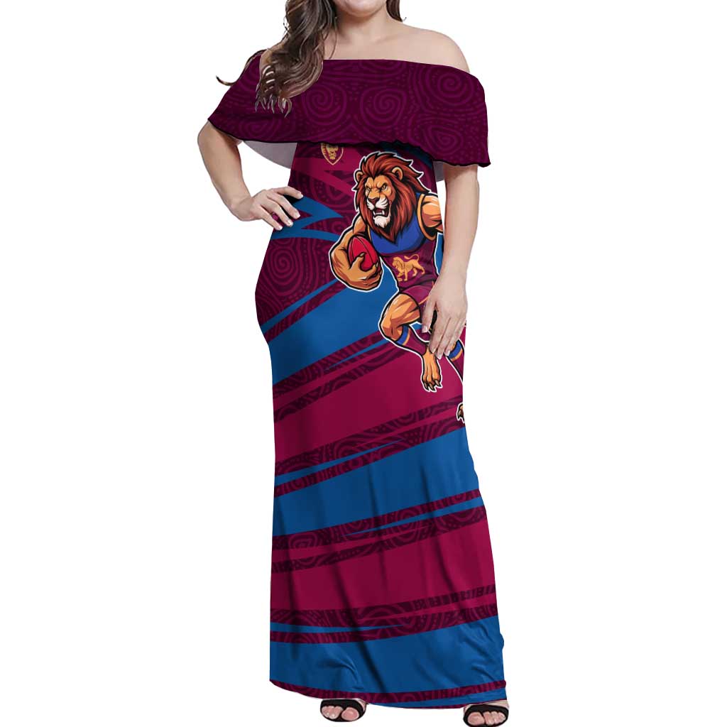 Brisbane Lions Australian Football Off Shoulder Maxi Dress Regal Lion Mascot With Indigenous Pattern Art