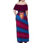 Brisbane Lions Australian Football Off Shoulder Maxi Dress Regal Lion Mascot With Indigenous Pattern Art