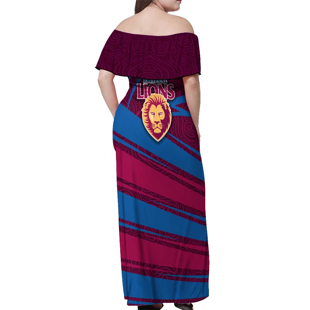Brisbane Lions Australian Football Off Shoulder Maxi Dress Regal Lion Mascot With Indigenous Pattern Art