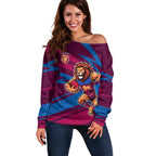 Brisbane Lions Australian Football Off Shoulder Sweater Regal Lion Mascot With Indigenous Pattern Art
