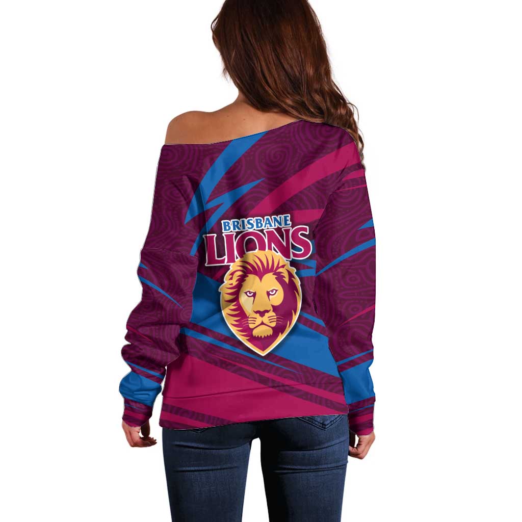 Brisbane Lions Australian Football Off Shoulder Sweater Regal Lion Mascot With Indigenous Pattern Art