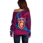 Brisbane Lions Australian Football Off Shoulder Sweater Regal Lion Mascot With Indigenous Pattern Art