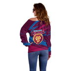 Brisbane Lions Australian Football Off Shoulder Sweater Regal Lion Mascot With Indigenous Pattern Art