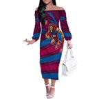 Brisbane Lions Australian Football Off The Shoulder Long Sleeve Dress Regal Lion Mascot With Indigenous Pattern Art