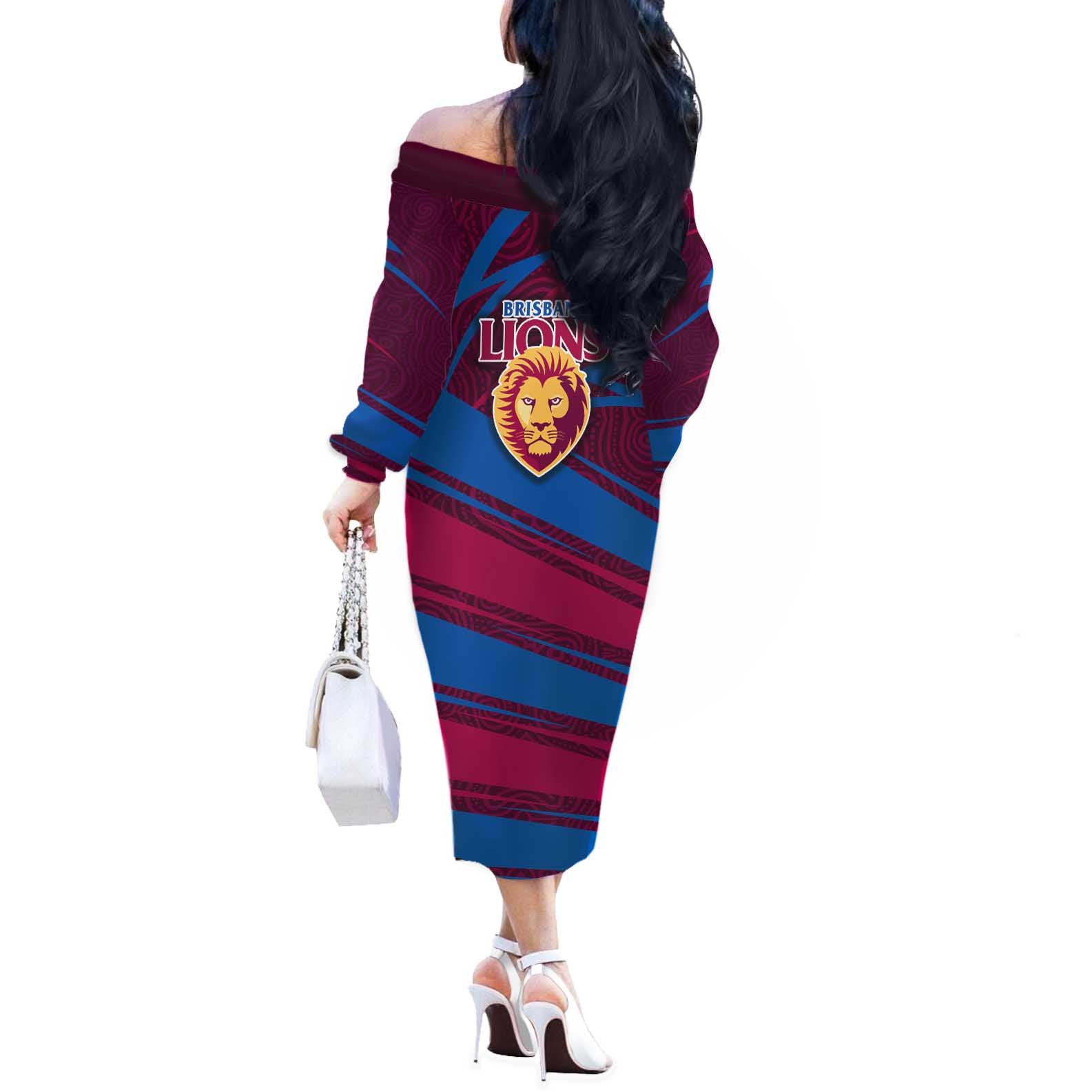 Brisbane Lions Australian Football Off The Shoulder Long Sleeve Dress Regal Lion Mascot With Indigenous Pattern Art