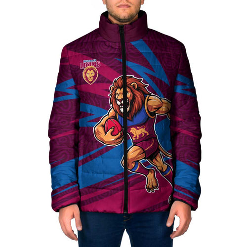 Brisbane Lions Australian Football Padded Jacket Regal Lion Mascot With Indigenous Pattern Art