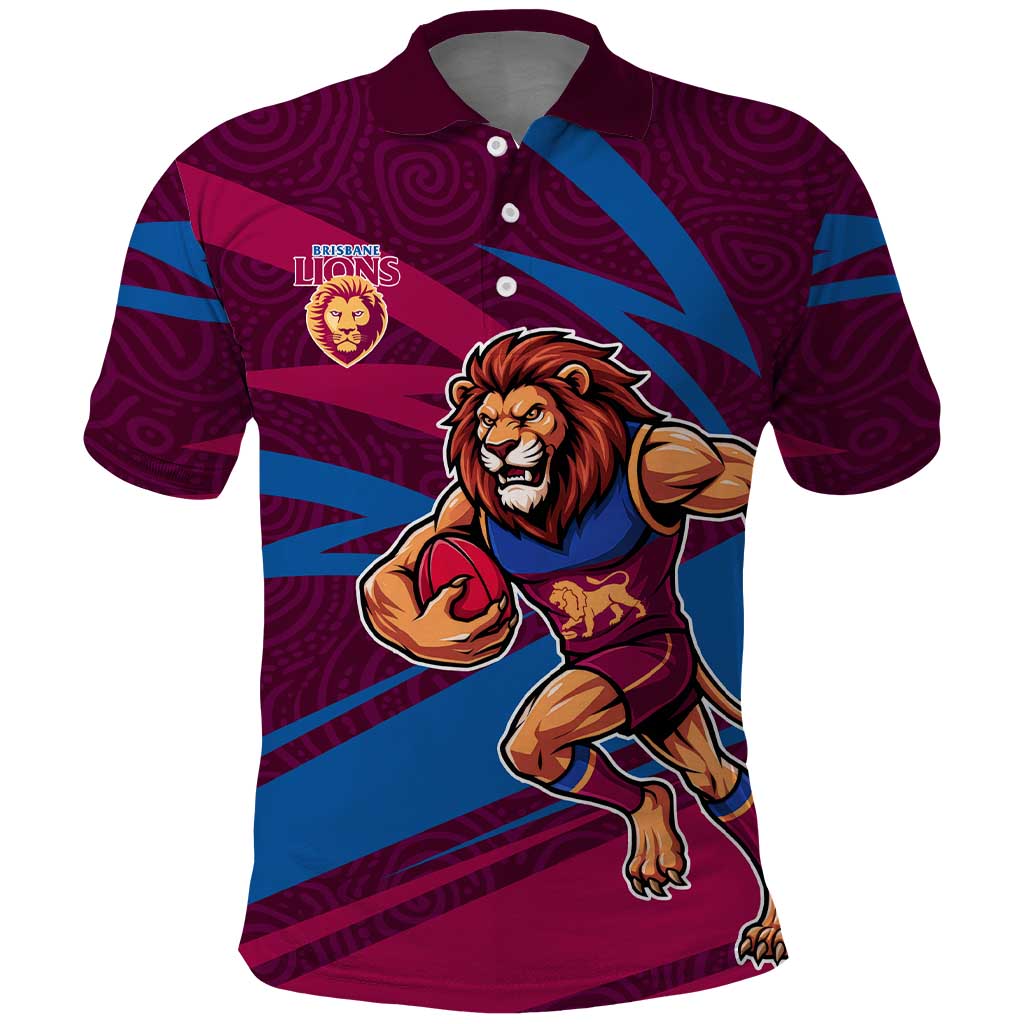 Brisbane Lions Australian Football Polo Shirt Regal Lion Mascot With Indigenous Pattern Art