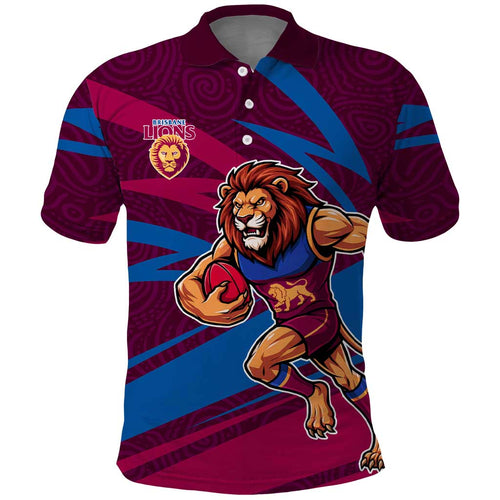 Brisbane Lions Australian Football Polo Shirt Regal Lion Mascot With Indigenous Pattern Art