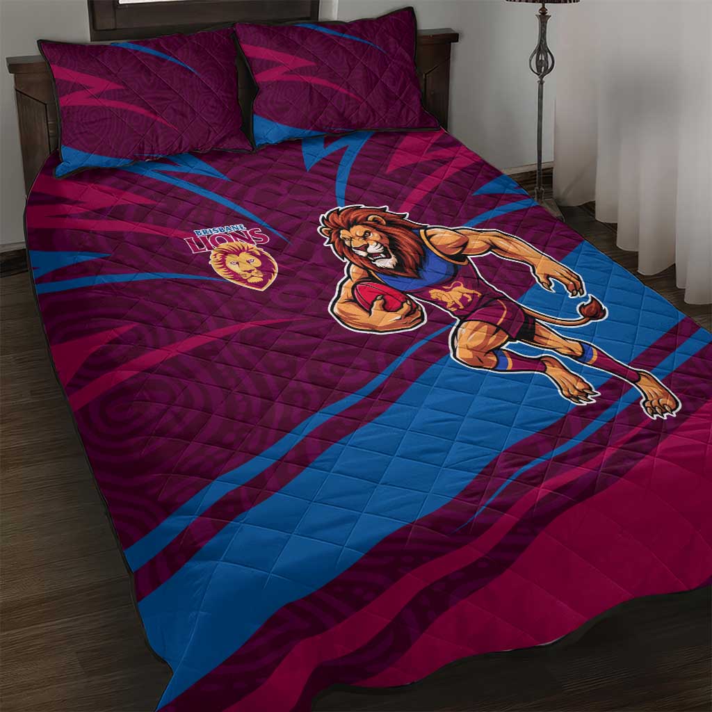 Brisbane Lions Australian Football Quilt Bed Set Regal Lion Mascot With Indigenous Pattern Art