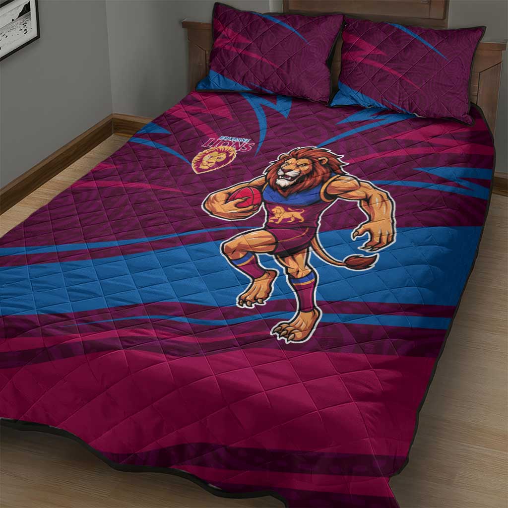 Brisbane Lions Australian Football Quilt Bed Set Regal Lion Mascot With Indigenous Pattern Art