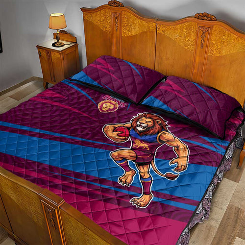 Brisbane Lions Australian Football Quilt Bed Set Regal Lion Mascot With Indigenous Pattern Art