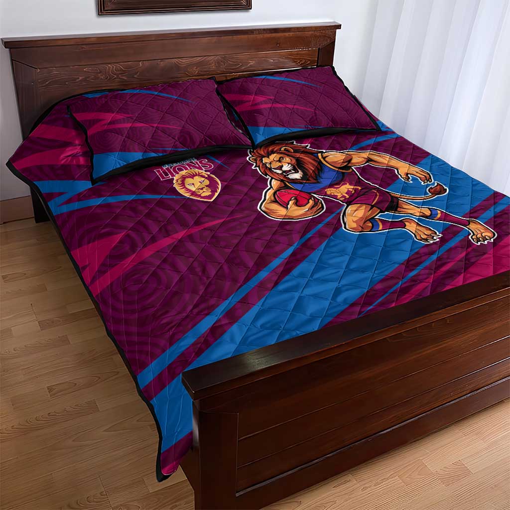 Brisbane Lions Australian Football Quilt Bed Set Regal Lion Mascot With Indigenous Pattern Art