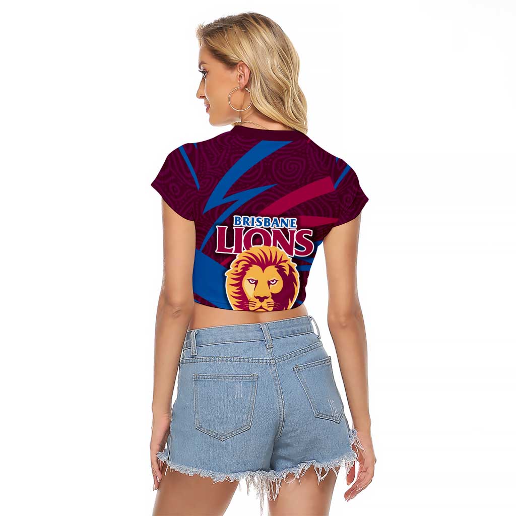 Brisbane Lions Australian Football Raglan Cropped T Shirt Regal Lion Mascot With Indigenous Pattern Art