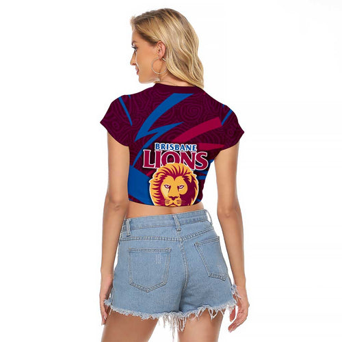 Brisbane Lions Australian Football Raglan Cropped T Shirt Regal Lion Mascot With Indigenous Pattern Art