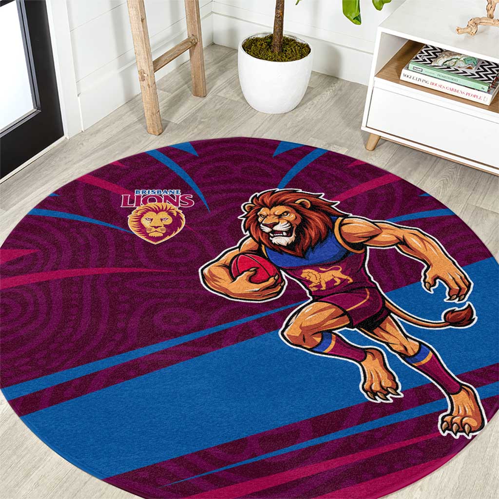 Brisbane Lions Australian Football Round Carpet Regal Lion Mascot With Indigenous Pattern Art