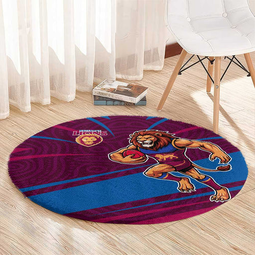 Brisbane Lions Australian Football Round Carpet Regal Lion Mascot With Indigenous Pattern Art