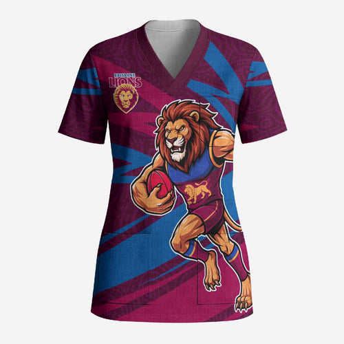 Brisbane Lions Australian Football Scrub Top Regal Lion Mascot With Indigenous Pattern Art