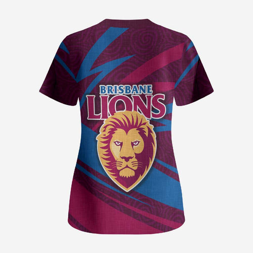 Brisbane Lions Australian Football Scrub Top Regal Lion Mascot With Indigenous Pattern Art