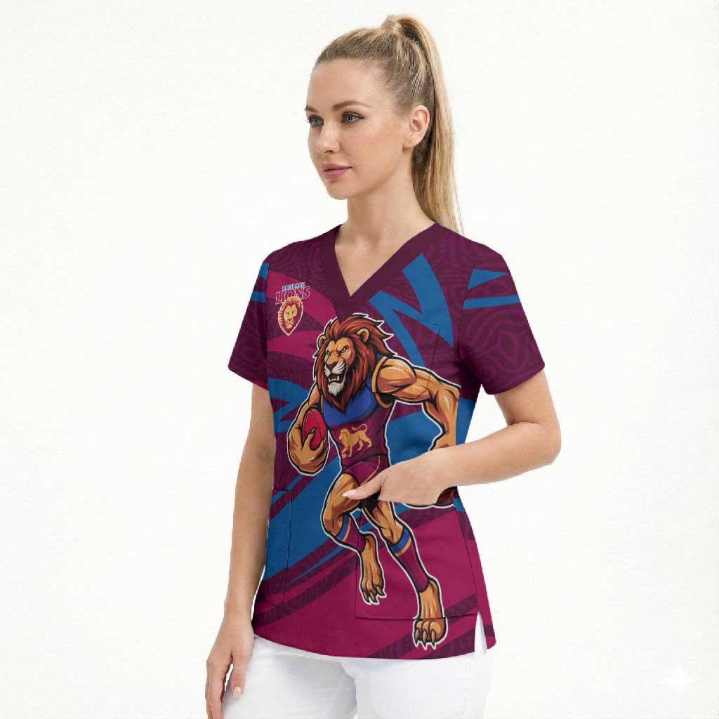 Brisbane Lions Australian Football Scrub Top Regal Lion Mascot With Indigenous Pattern Art