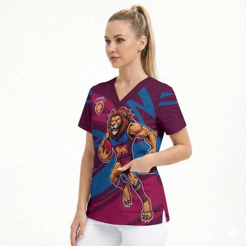 Brisbane Lions Australian Football Scrub Top Regal Lion Mascot With Indigenous Pattern Art