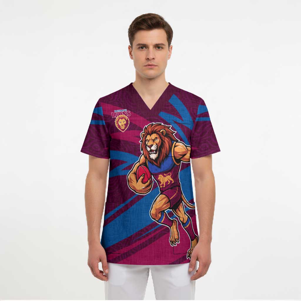 Brisbane Lions Australian Football Scrub Top Regal Lion Mascot With Indigenous Pattern Art