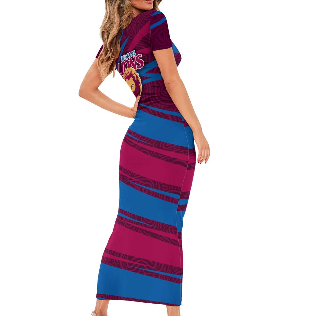 Brisbane Lions Australian Football Short Sleeve Bodycon Dress Regal Lion Mascot With Indigenous Pattern Art