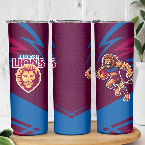 Brisbane Lions Australian Football Skinny Tumbler Regal Lion Mascot With Indigenous Pattern Art